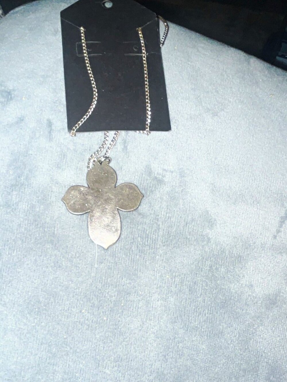 Silver Tone Metal Religious Cross Pendant Necklace on Box Chain